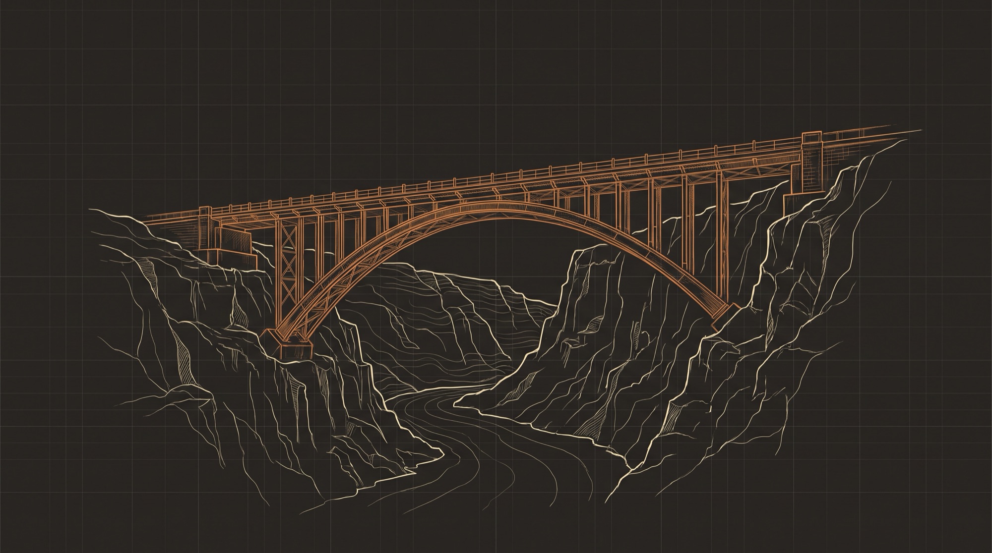 A copper arch bridge spanning a canyon, drawn against a faint blueprint grid on charcoal