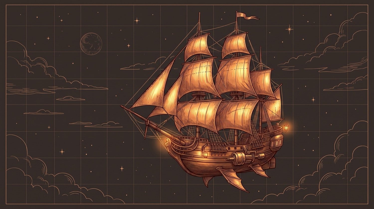 A tall ship drawn in glowing copper line art, her sails holding light, on water that fades into stars