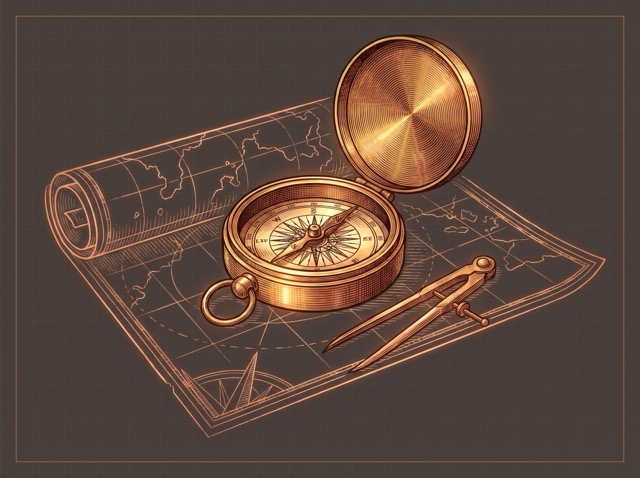 A brass compass drawn in glowing copper line art, its needle settled