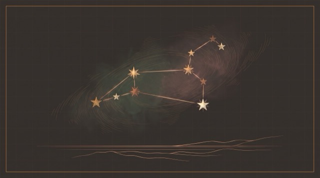 A constellation chart in copper on warm charcoal