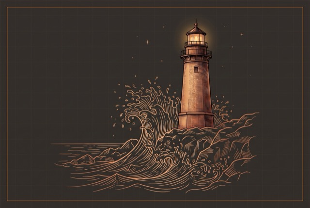 A lighthouse on dark water, its lamp the one light in the scene