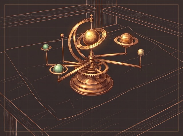 An orrery in copper line art, one planet glowing gold